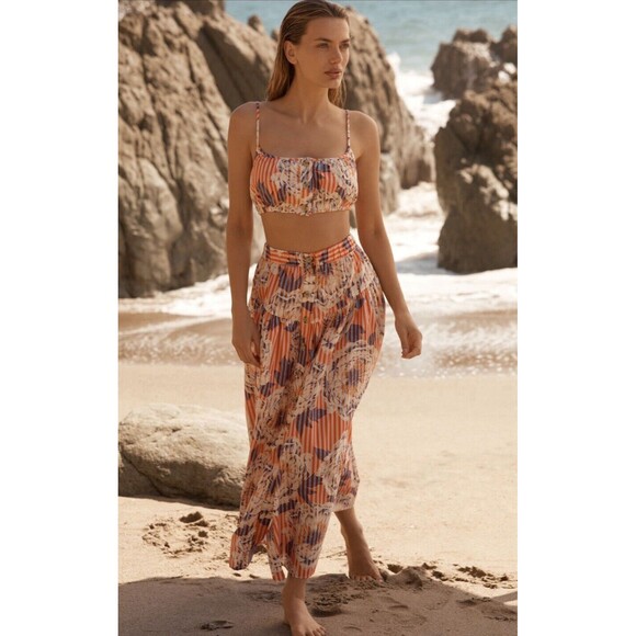 Anthropologie Midi Skirt Button Front Orange Floral Preppy Vacay Boho Sz S NWT - Picture 1 of 9